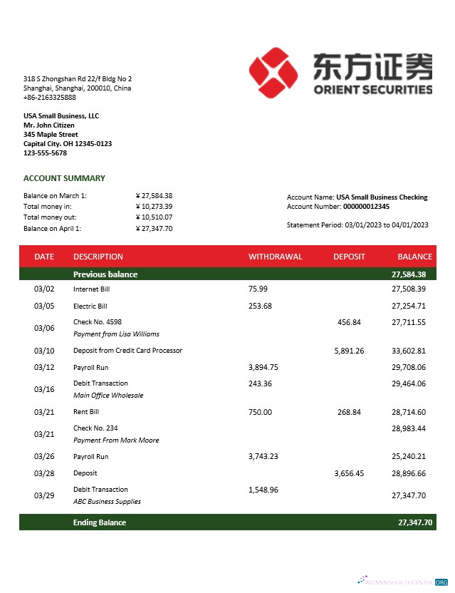 Download Orient Securities business bank statement Word and PDF template Photoshop template